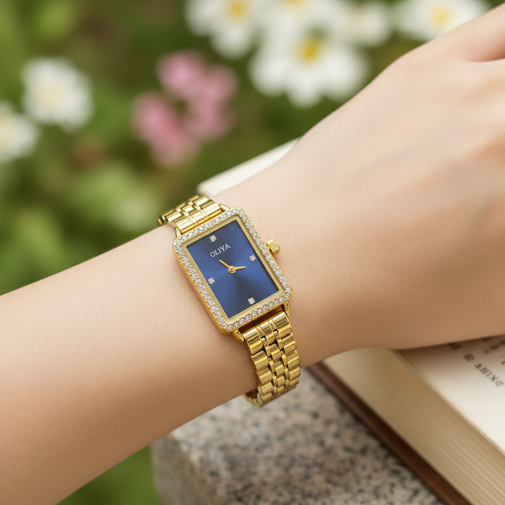 Montre OLIYA 609 Dorée Rectangulaire – Cadran Bleu Élégant et Luxe Moderne