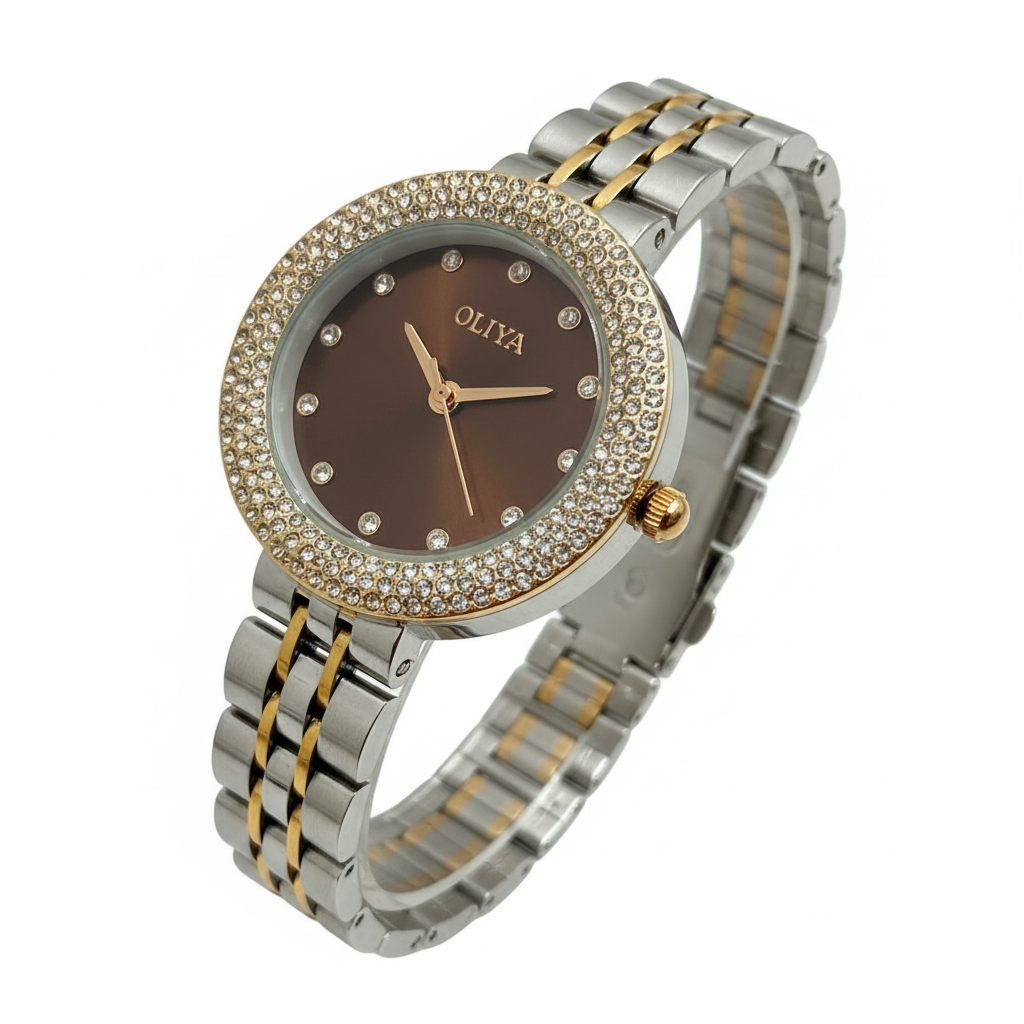 Montre OLIYA Bicolore à Strass avec Cadran Chocolat – Élégance Luxueuse et Charme Intemporel