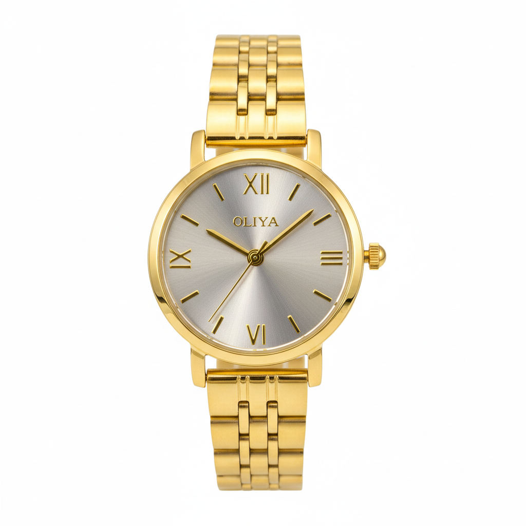Montre OLIYA Dorée Classique – Cadran Argent Soleil et Élégance Intemporelle