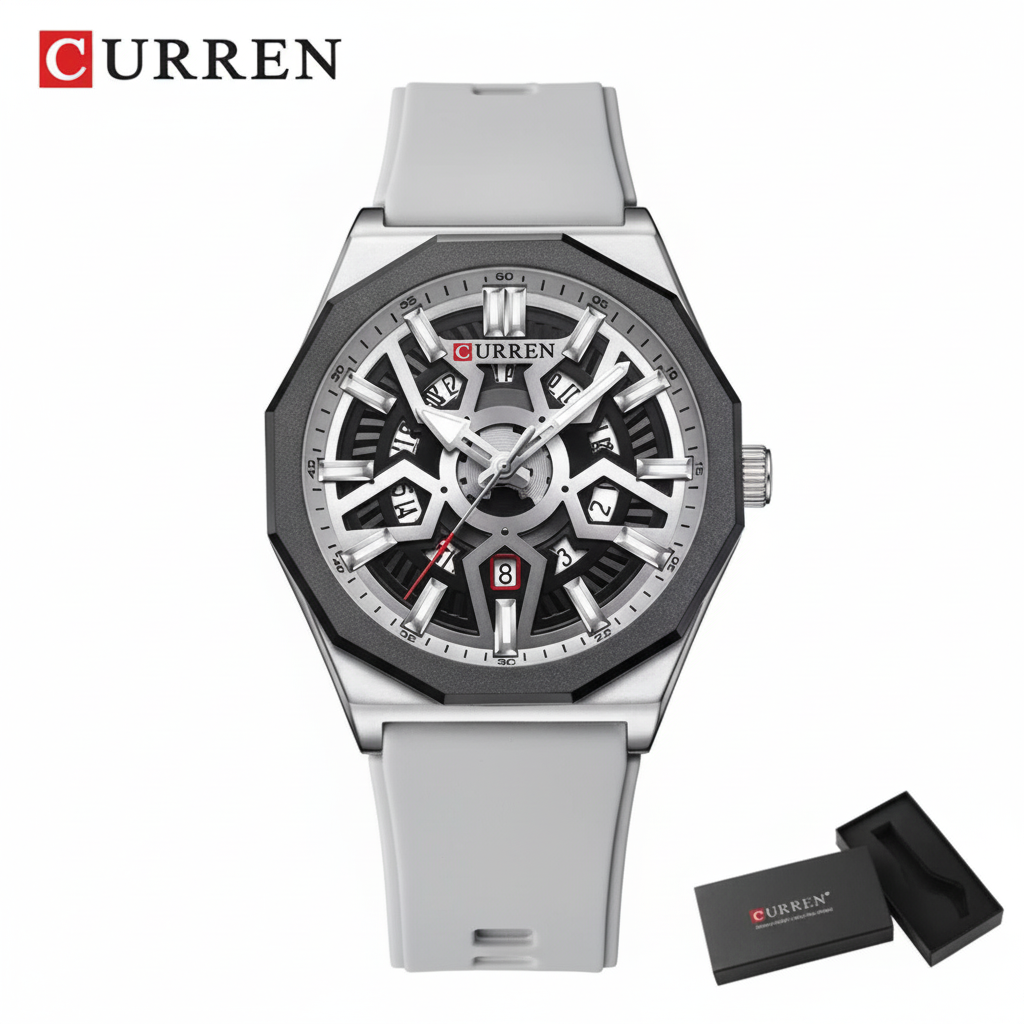 Montre Homme CURREN 8437 – Gris / Argenté-Chronographe Sport Élégant, Bracelet Silicone, Étanche 3ATM, Quartz
