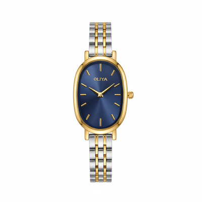 Montre OLIYA Bicolore Ovale – Élégance Moderne au Cadran Bleu Intense