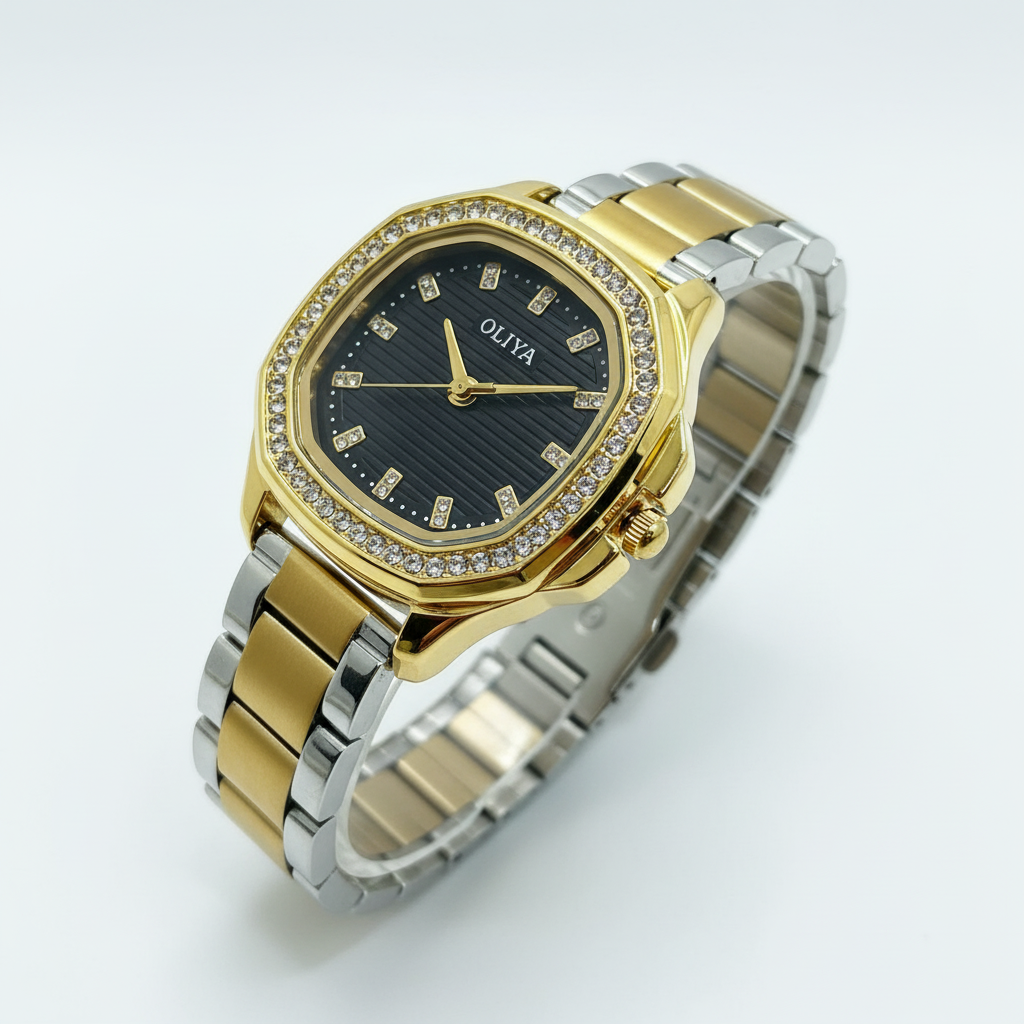 Montre OLIYA Bicolore Sertie de Cristaux – Cadran Noir Élégant et Design Moderne