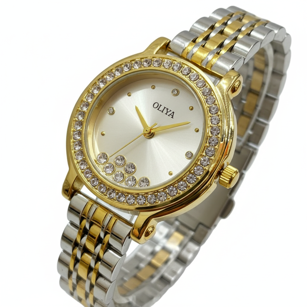 Montre OLIYA Dorée à Cadran Champagne et Cristaux Flottants – L’Élégance en Mouvement