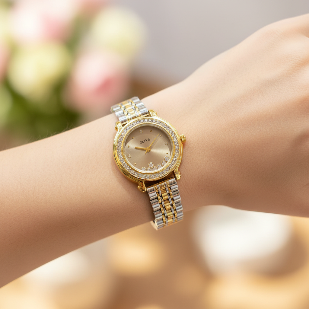 Montre OLIYA Bicolore à Cadran Gris Champagne et Cristaux Mobiles – L’Élégance Subtile et Lumineuse