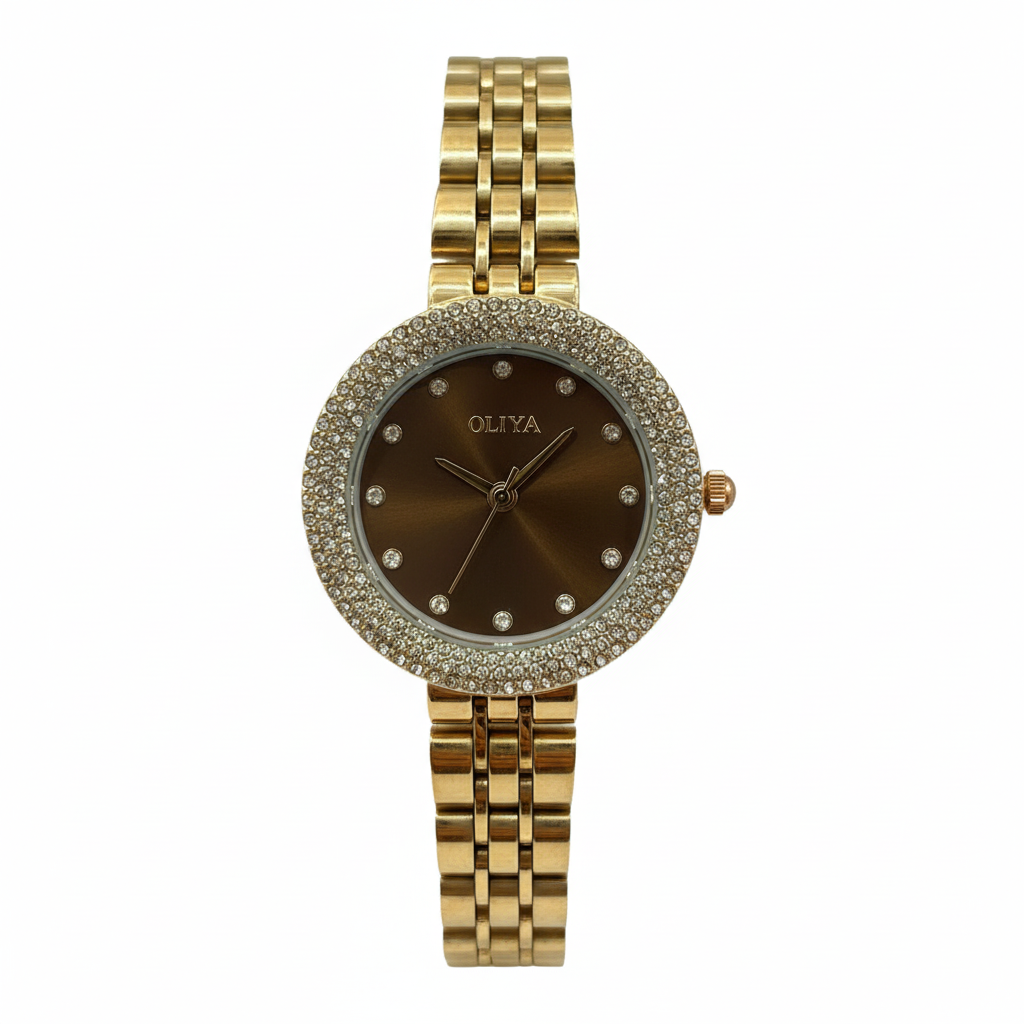 Montre OLIYA Dorée à Strass avec Cadran Noir – Élégance Glamour et Raffinement Intemporel