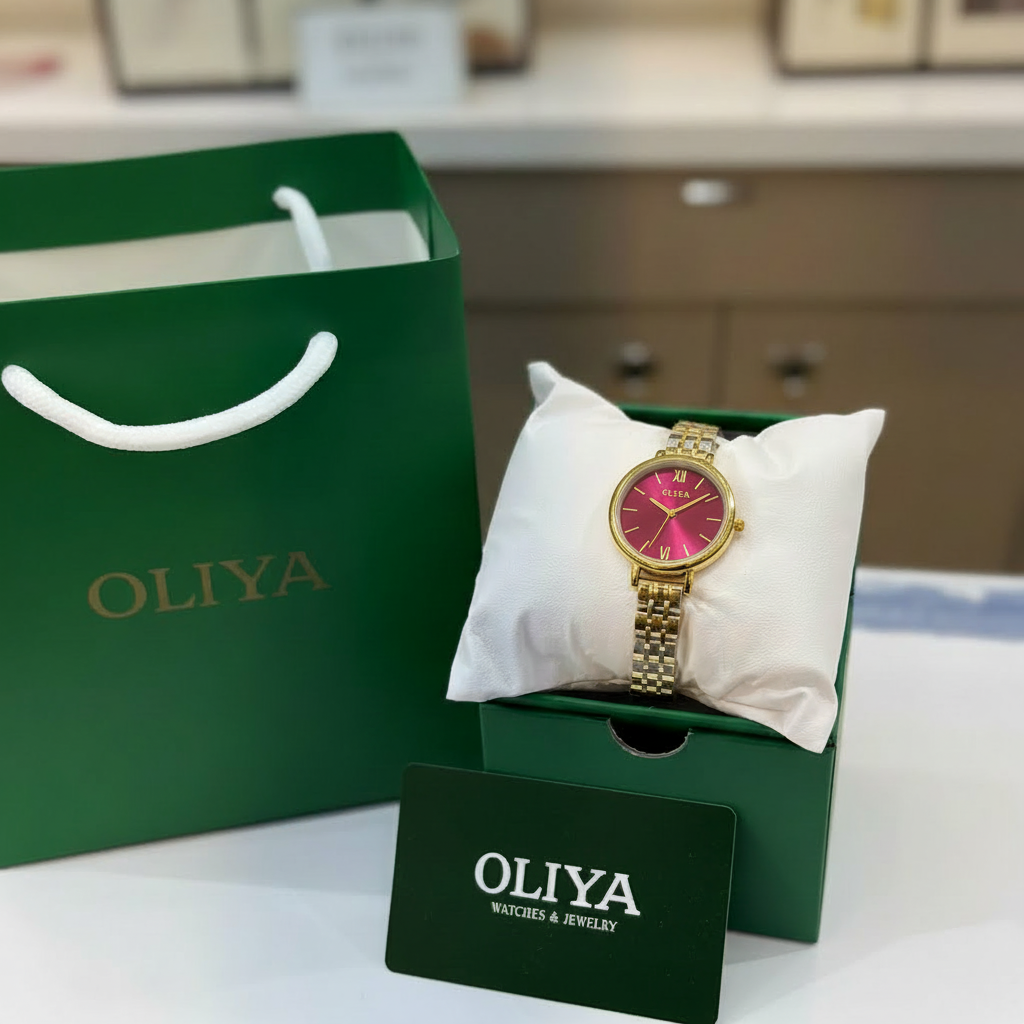 Montre OLIYA Bicolore Cadran Rouge – Élégance Audacieuse et Charme Lumineux