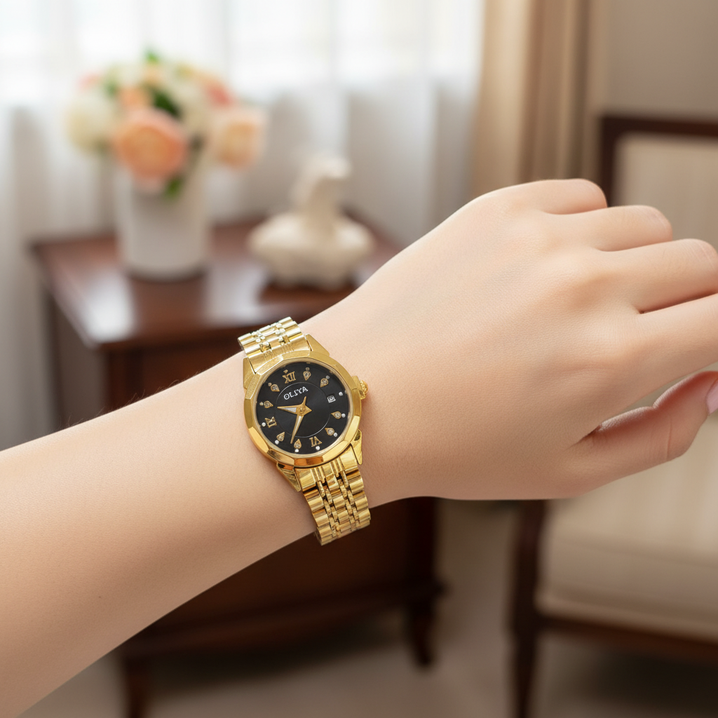 Montre OLIYA Dorée Cadran Noir – Élégance Prestigieuse avec Fonction Date