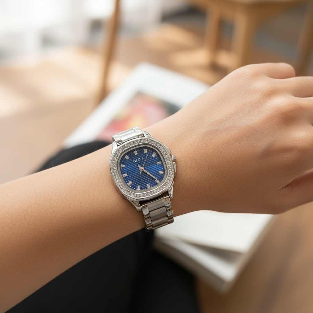 Montre OLIYA Argentée Sertie de Cristaux – Cadran Bleu Élégant et Moderne