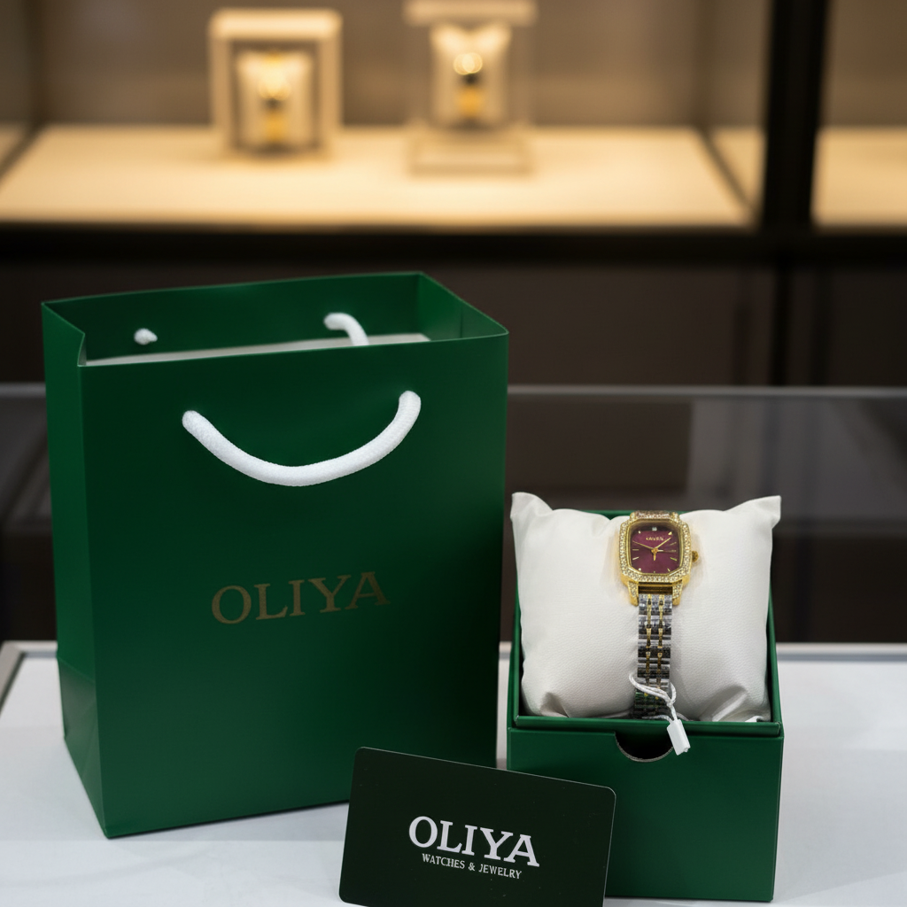 Montre OLIYA Rectangulaire Dorée &amp; Argent – Cadran Rouge Rubis et Éclat Précieux