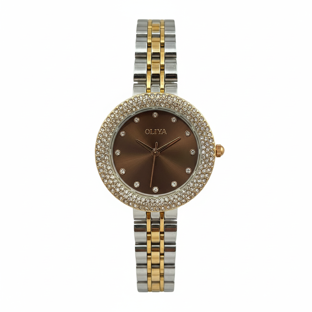 Montre OLIYA Bicolore à Strass avec Cadran Chocolat – Élégance Luxueuse et Charme Intemporel