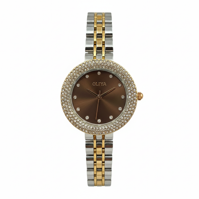 Montre OLIYA Bicolore à Strass avec Cadran Chocolat – Élégance Luxueuse et Charme Intemporel