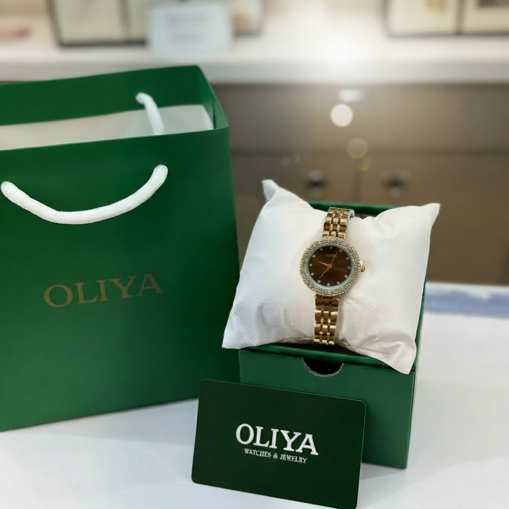 Montre OLIYA Dorée à Strass avec Cadran Noir – Élégance Glamour et Raffinement Intemporel