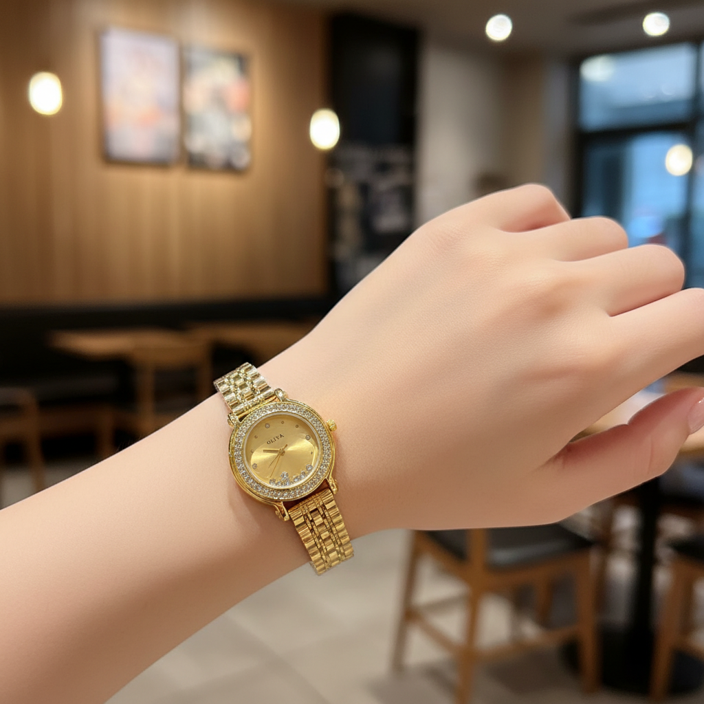 Montre OLIYA Dorée à Cadran Doré et Cristaux Mobiles – L’Expression Pure du Luxe Féminin