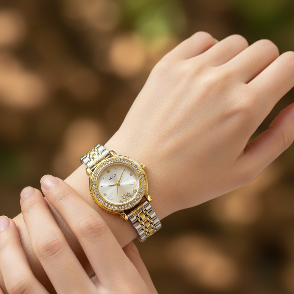 Montre OLIYA Dorée à Cadran Champagne et Cristaux Flottants – L’Élégance en Mouvement