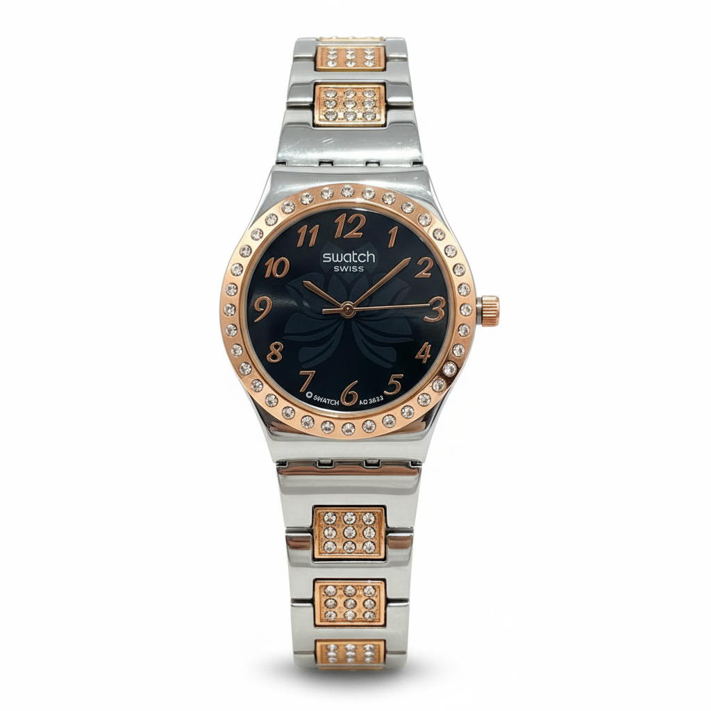 Swatch Élégance Cristalline Noir &amp; Or Rose – Le Raffinement au Quotidien