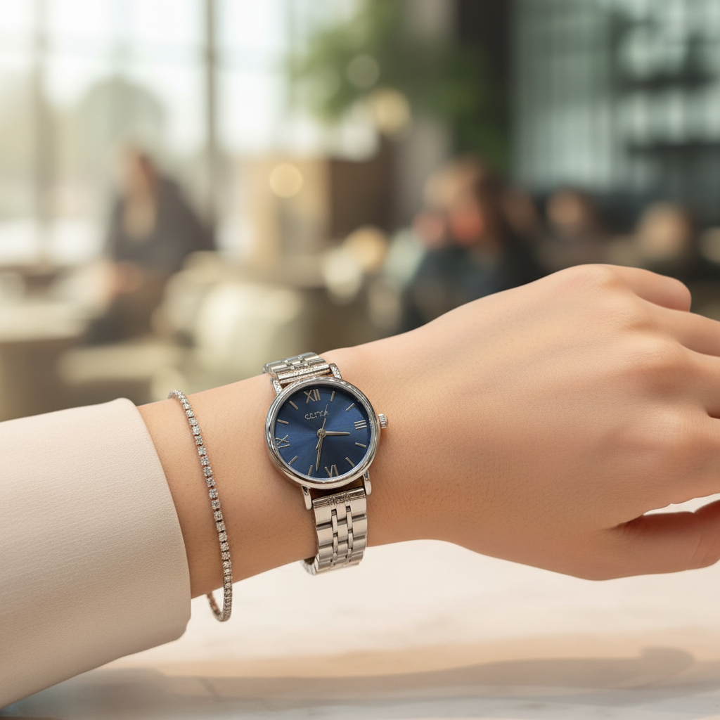 Montre OLIYA Argentée – Cadran Bleu Soleil et Élégance Intemporelle