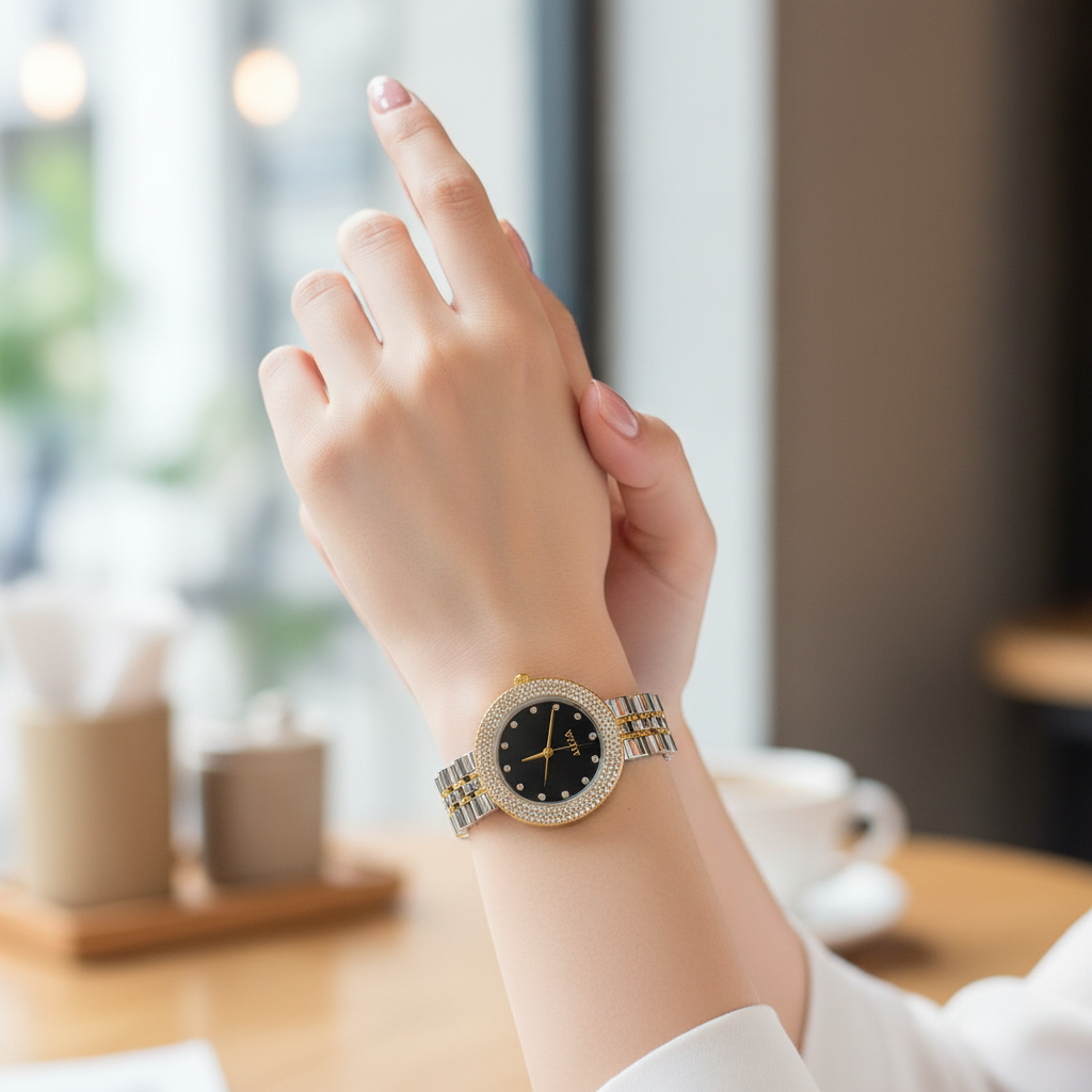 Montre OLIYA Bicolore avec Cadran Noir et Lunette Sertie – L’Éclat du Chic Intemporel