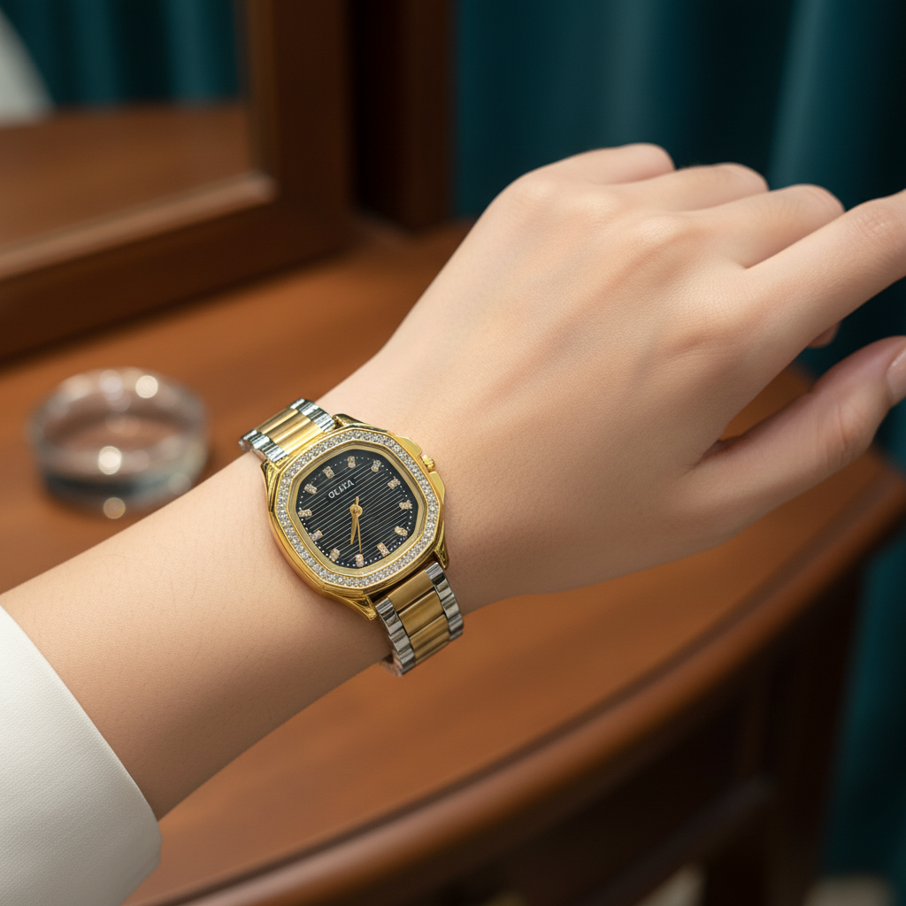 Montre OLIYA Bicolore Sertie de Cristaux – Cadran Noir Élégant et Design Moderne