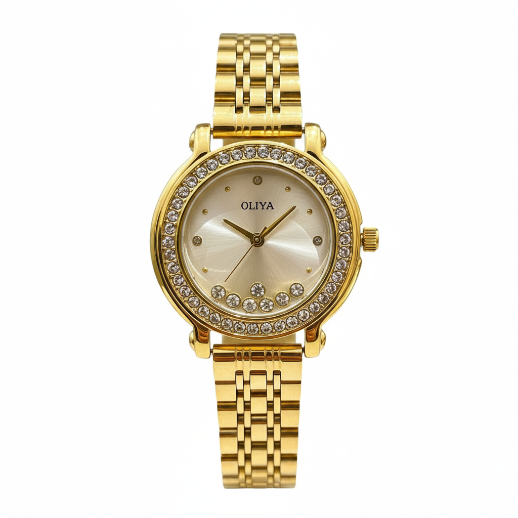 Montre OLIYA Dorée à Cadran Champagne et Cristaux Mobiles – L’Éclat Raffiné au Poignet