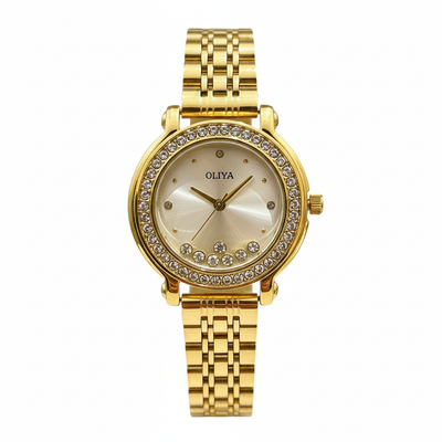 Montre OLIYA Dorée à Cadran Champagne et Cristaux Mobiles – L’Éclat Raffiné au Poignet